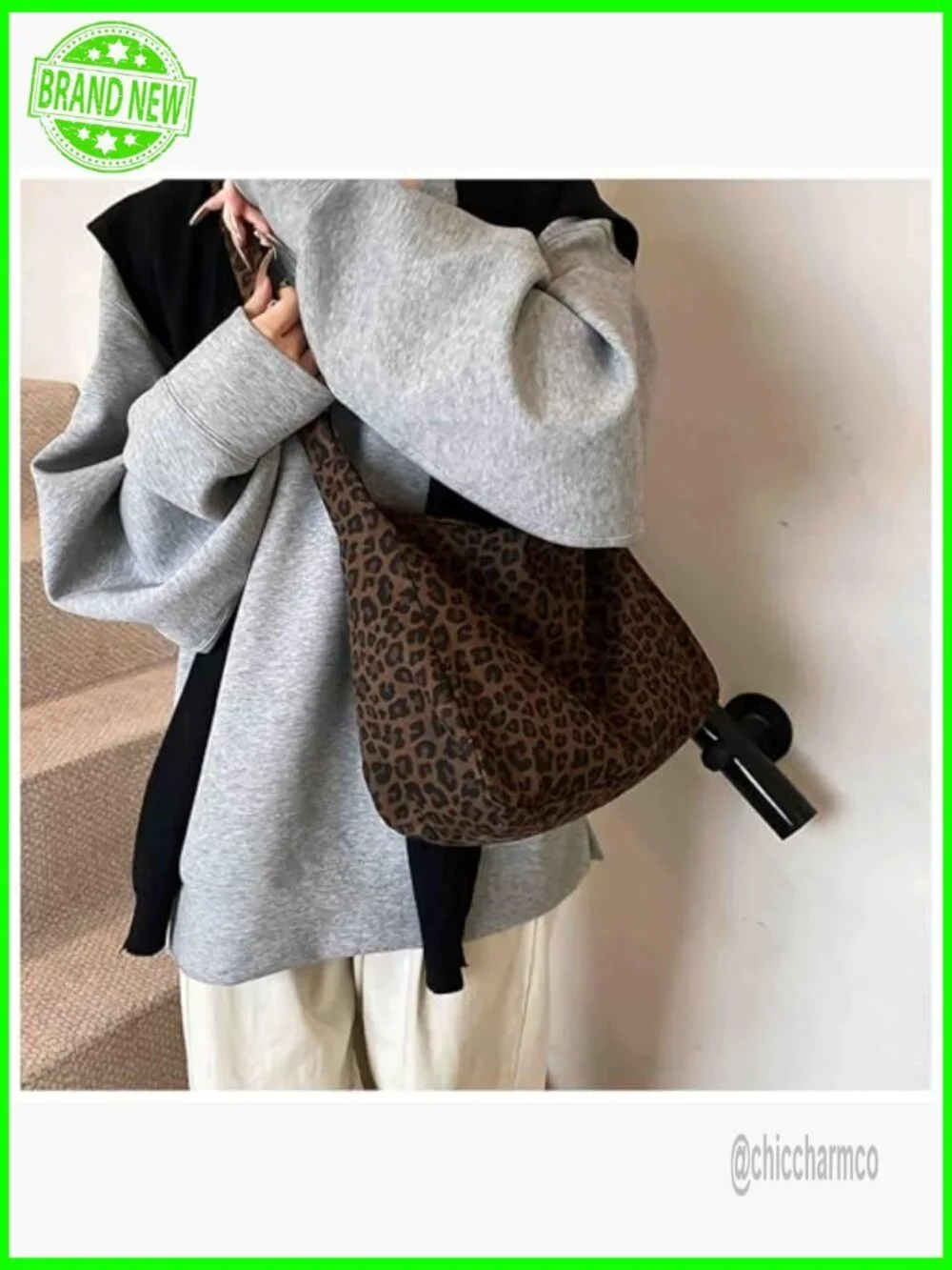 Leopard Print Canvas Hobo Shoulder Bag Adjustable Strap Zipper Closure